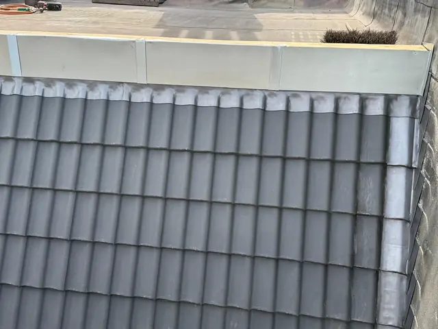 Pannendak onder een dakrand — Rijen grijze dakpannen onder de afgewerkte bovenrand.